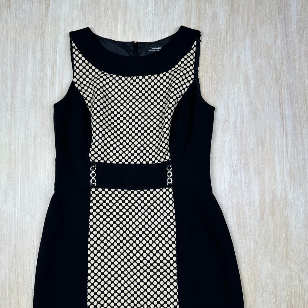 Tahari ASL Sleeveless Cream Black Lined Polkadot Career Workwear Lined Dress 6 - Picture 3 of 13